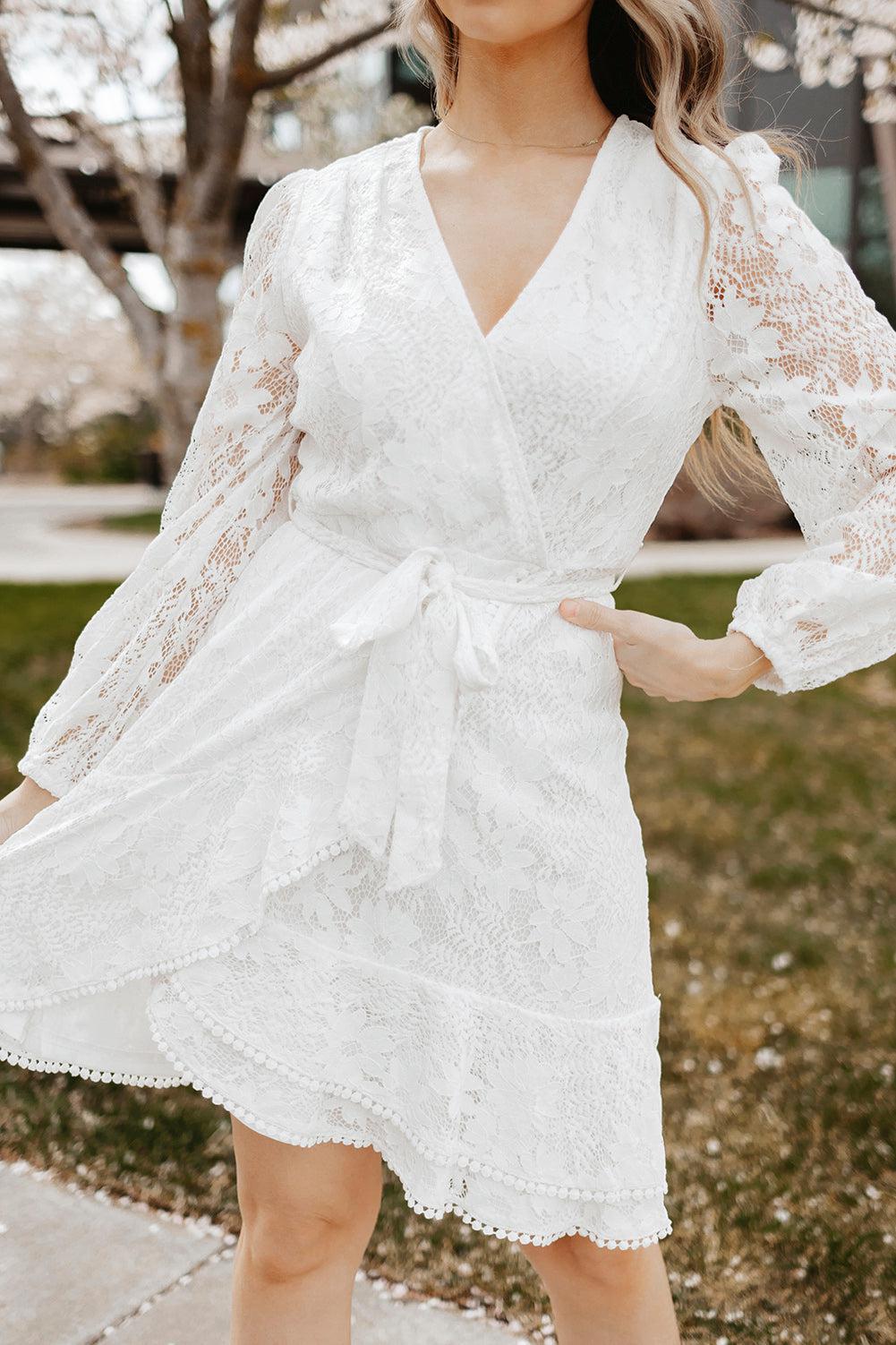 Pompom Trim Puff Sleeve Belted Lace Dress BLUE ZONE PLANET