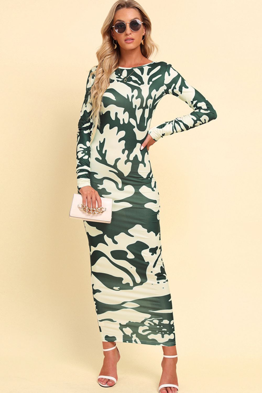Printed Backless Long Sleeve Maxi Dress BLUE ZONE PLANET