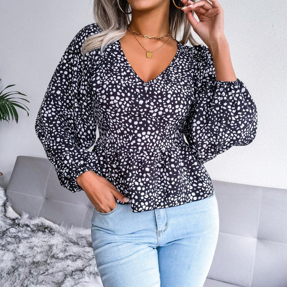 Printed Balloon Sleeve Peplum Blouse – Blue Zone Planet