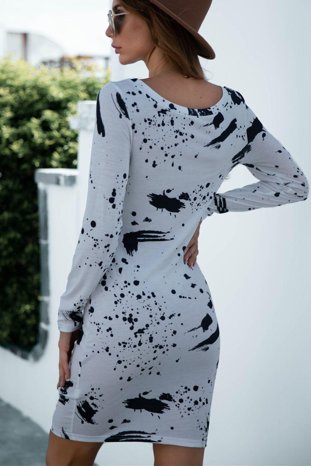 Printed Boat Neck Long Sleeve Dress BLUE ZONE PLANET