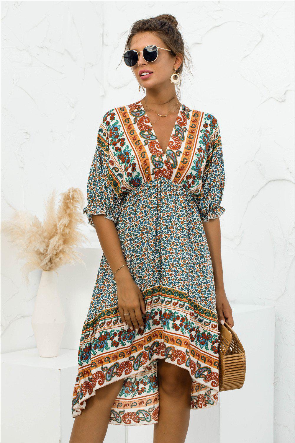 Printed Bohemian V Neck Dress BLUE ZONE PLANET