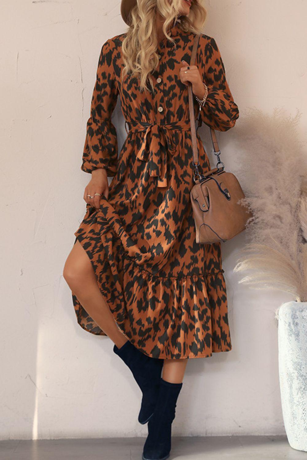 Printed Bubble Sleeve Buttoned Midi Shirt Dress BLUE ZONE PLANET