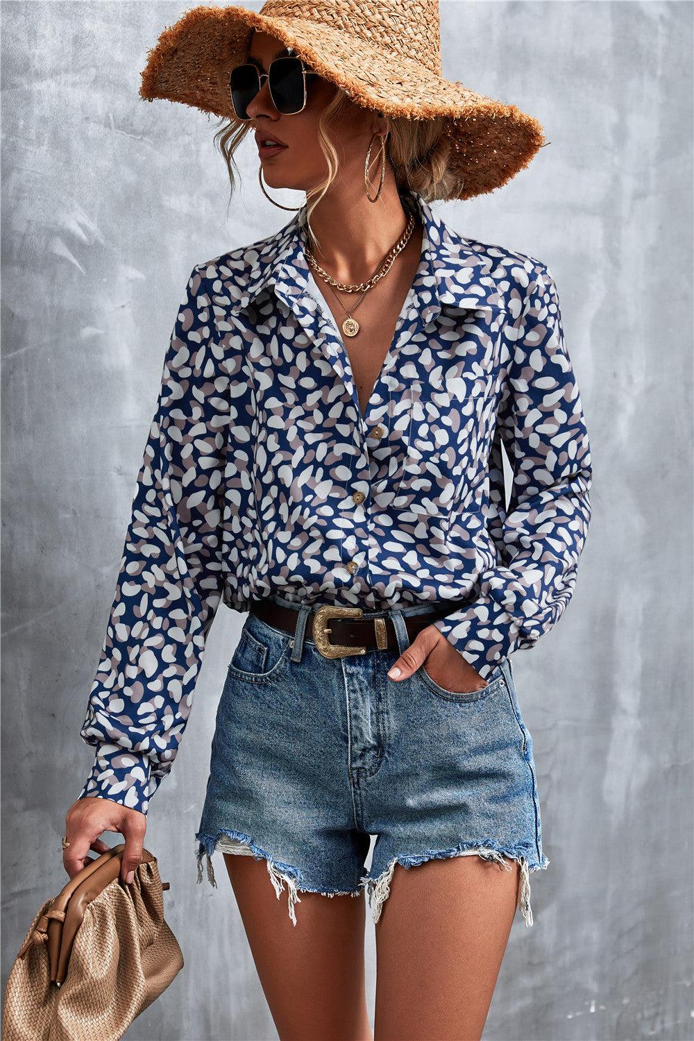 Printed Button Down Long Sleeve Shirt-TOPS / DRESSES-[Adult]-[Female]-2022 Online Blue Zone Planet