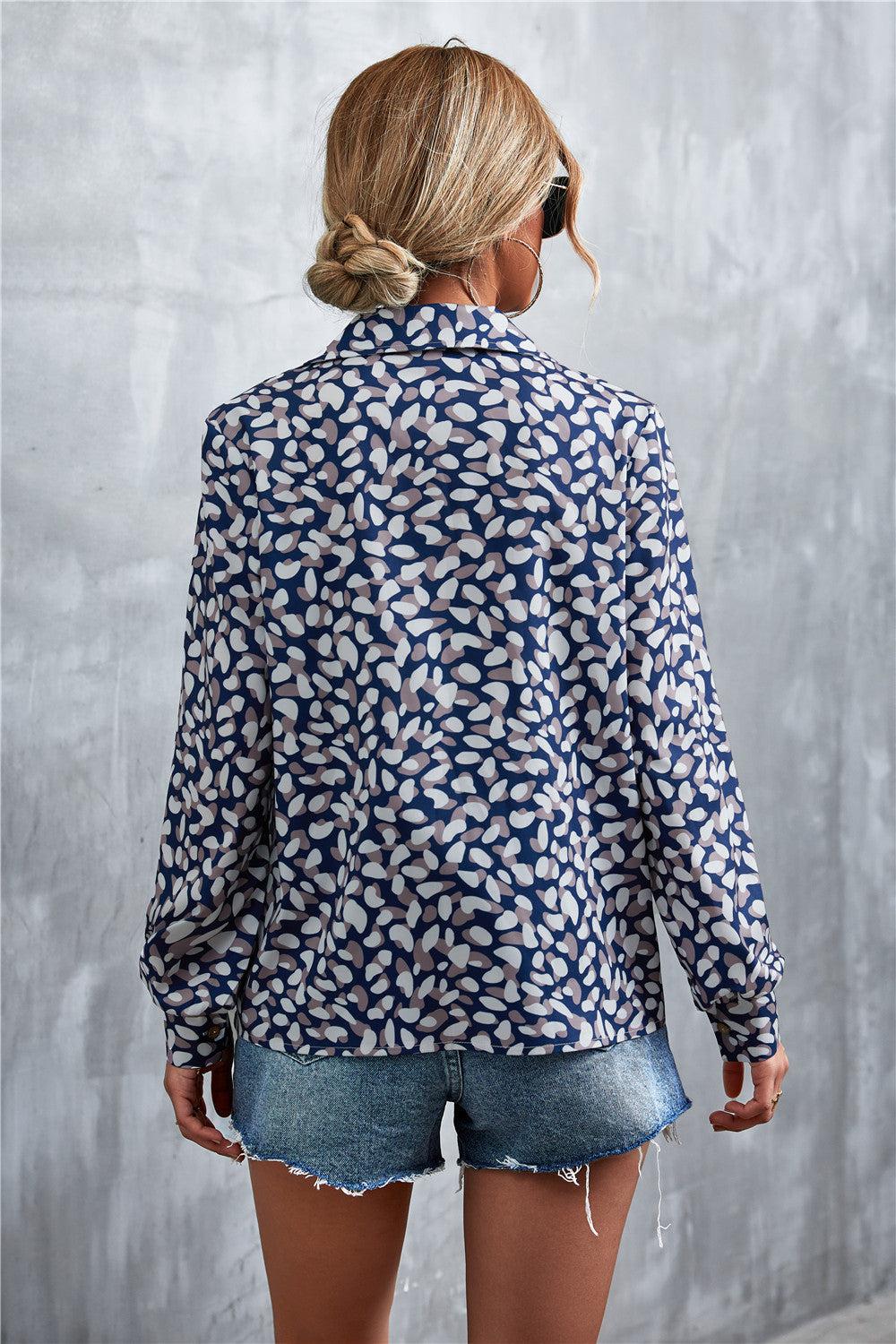 Printed Button Down Long Sleeve Shirt BLUE ZONE PLANET