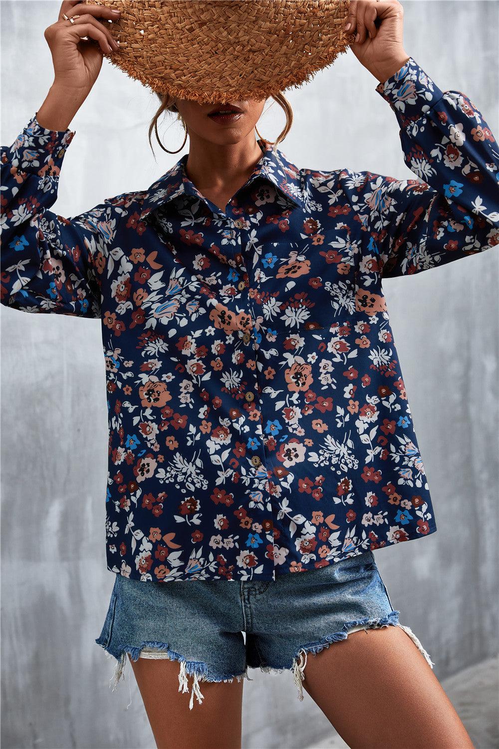 Printed Button Down Long Sleeve Shirt BLUE ZONE PLANET