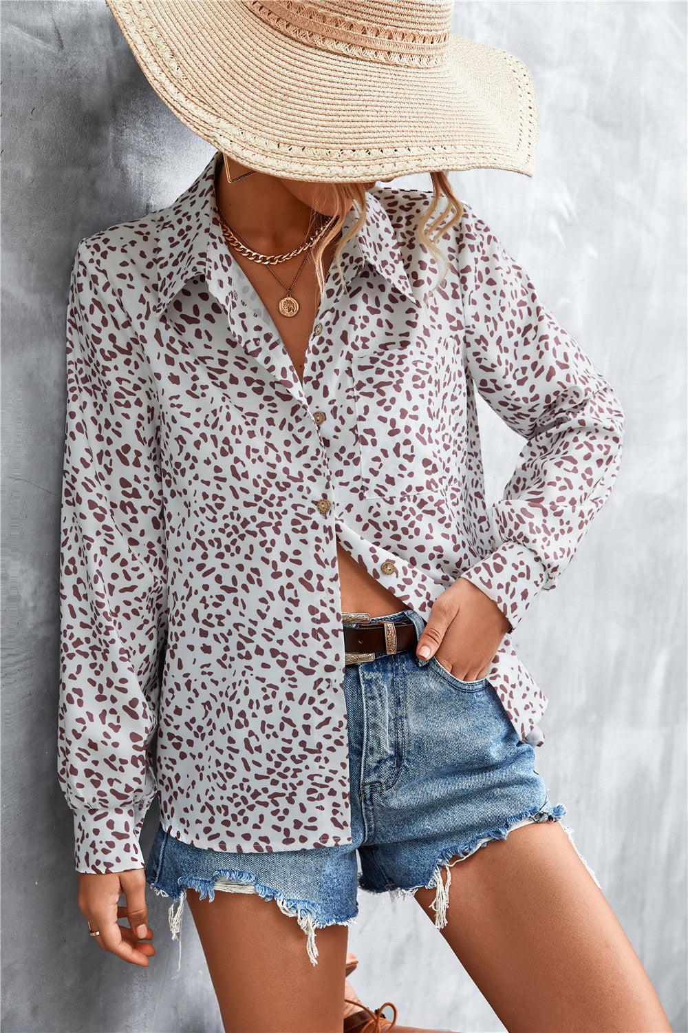 Printed Button Down Long Sleeve Shirt-TOPS / DRESSES-[Adult]-[Female]-Brown Leopard-S-2022 Online Blue Zone Planet