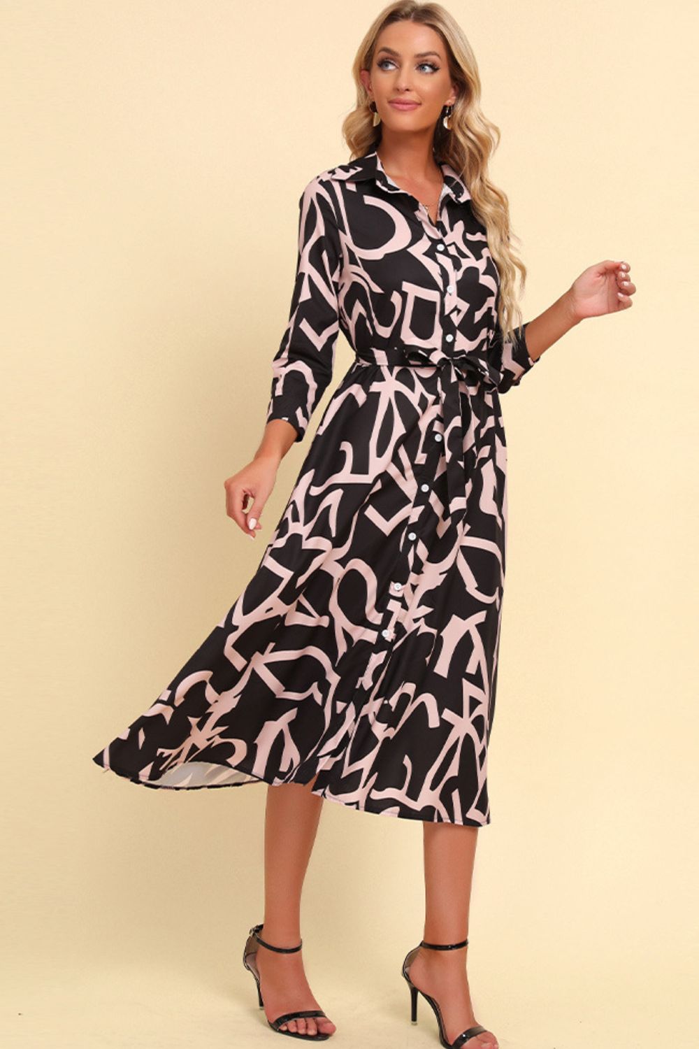 Printed Button Front Belted Midi Dress BLUE ZONE PLANET