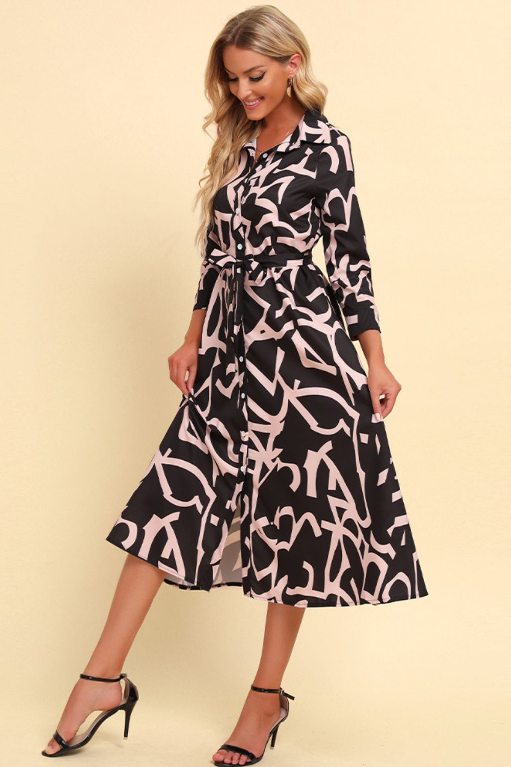 Printed Button Front Belted Midi Dress BLUE ZONE PLANET