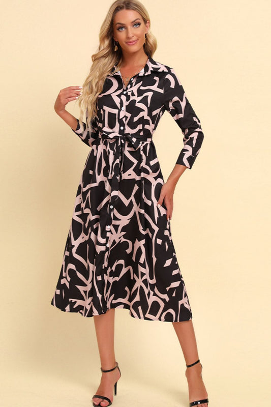 Printed Button Front Belted Midi Dress BLUE ZONE PLANET