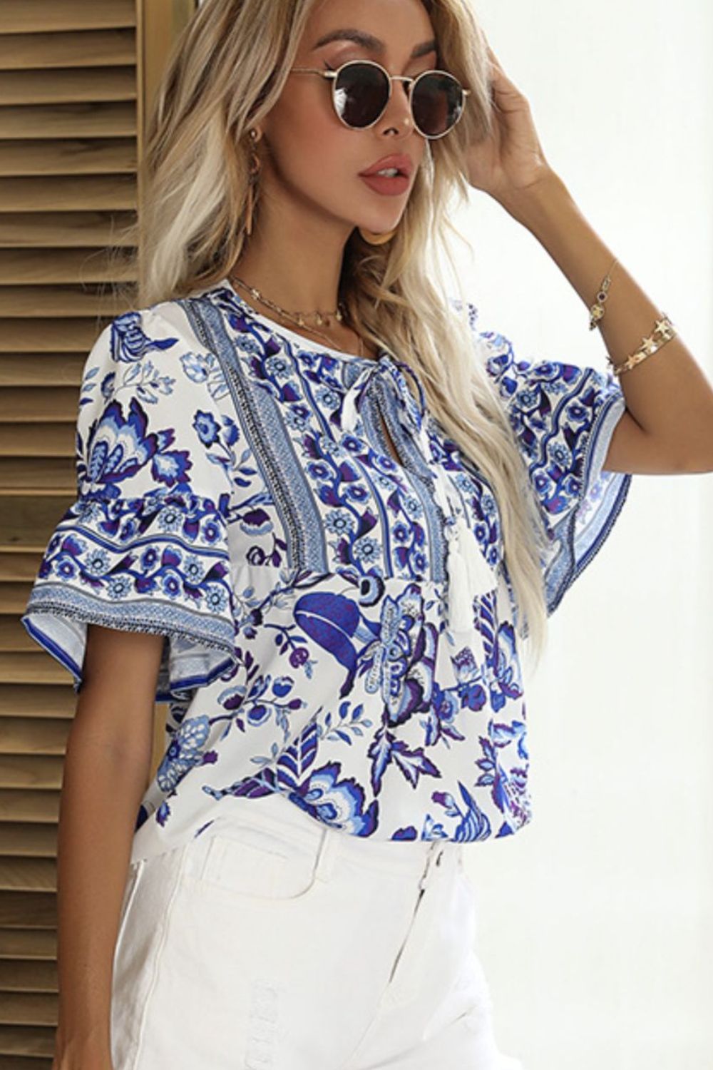 Printed Buttoned Flounce Sleeve Blouse BLUE ZONE PLANET