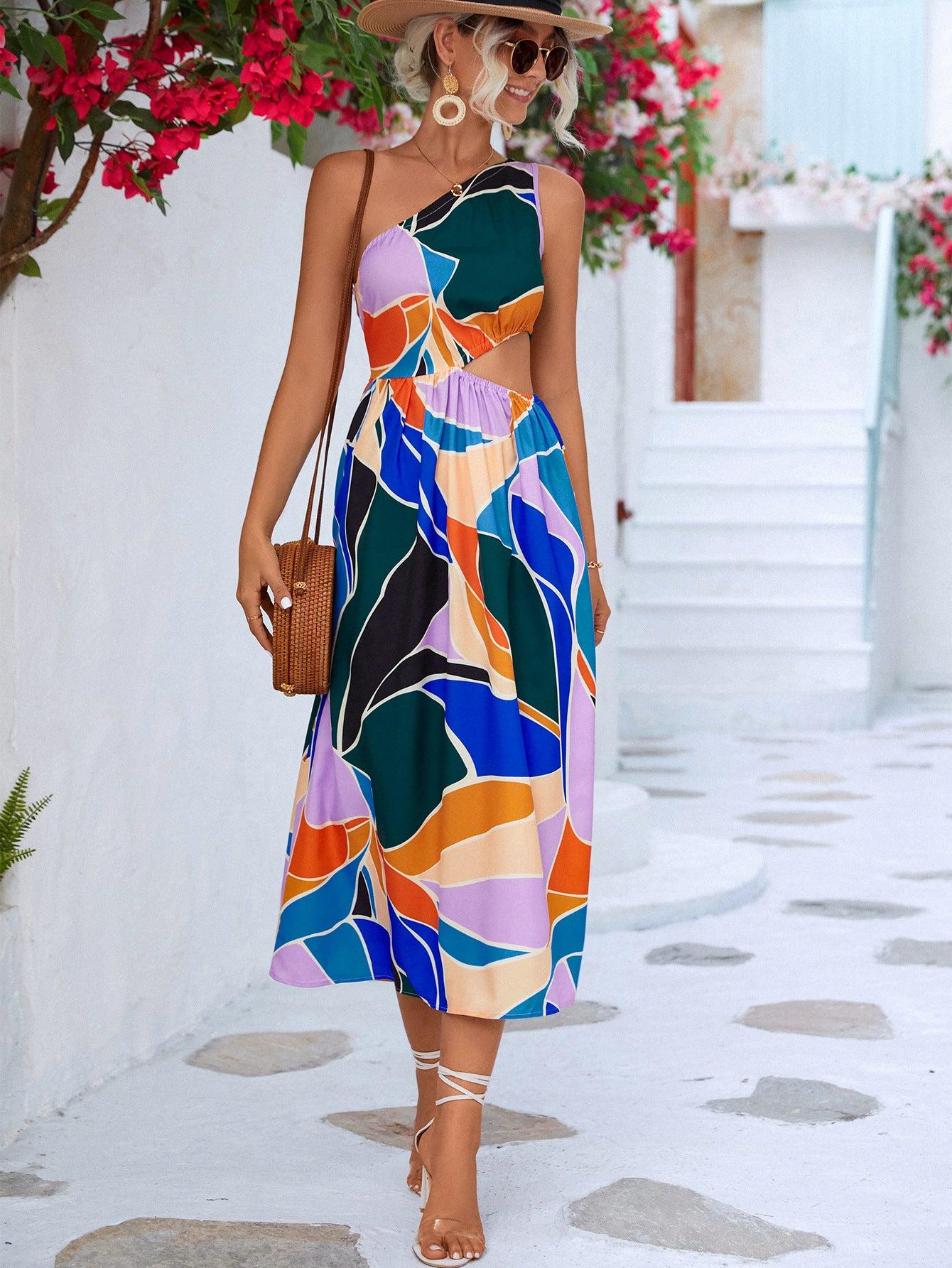 Printed Cutout One-Shoulder Sleeveless Dress BLUE ZONE PLANET