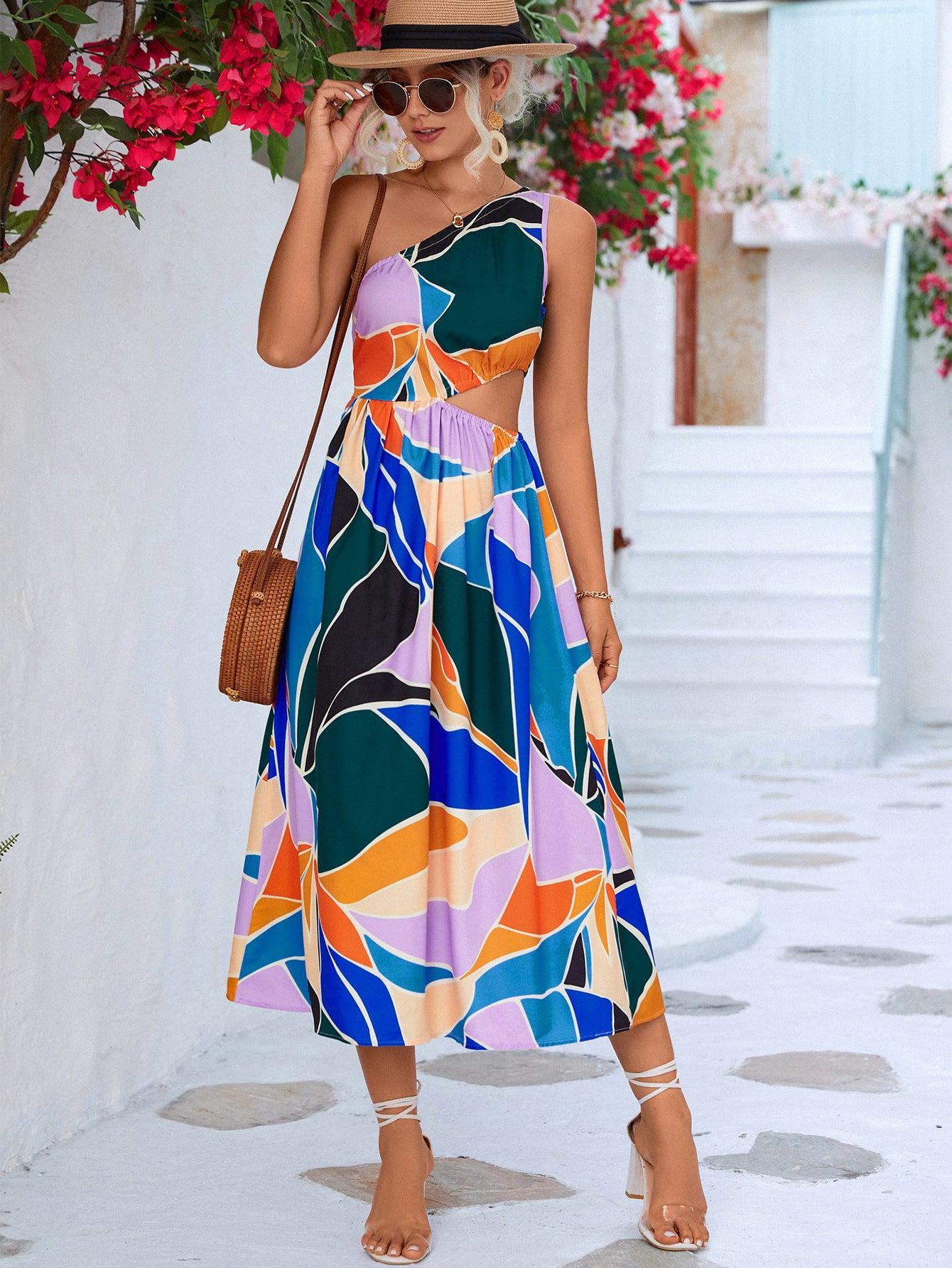 Printed Cutout One-Shoulder Sleeveless Dress BLUE ZONE PLANET