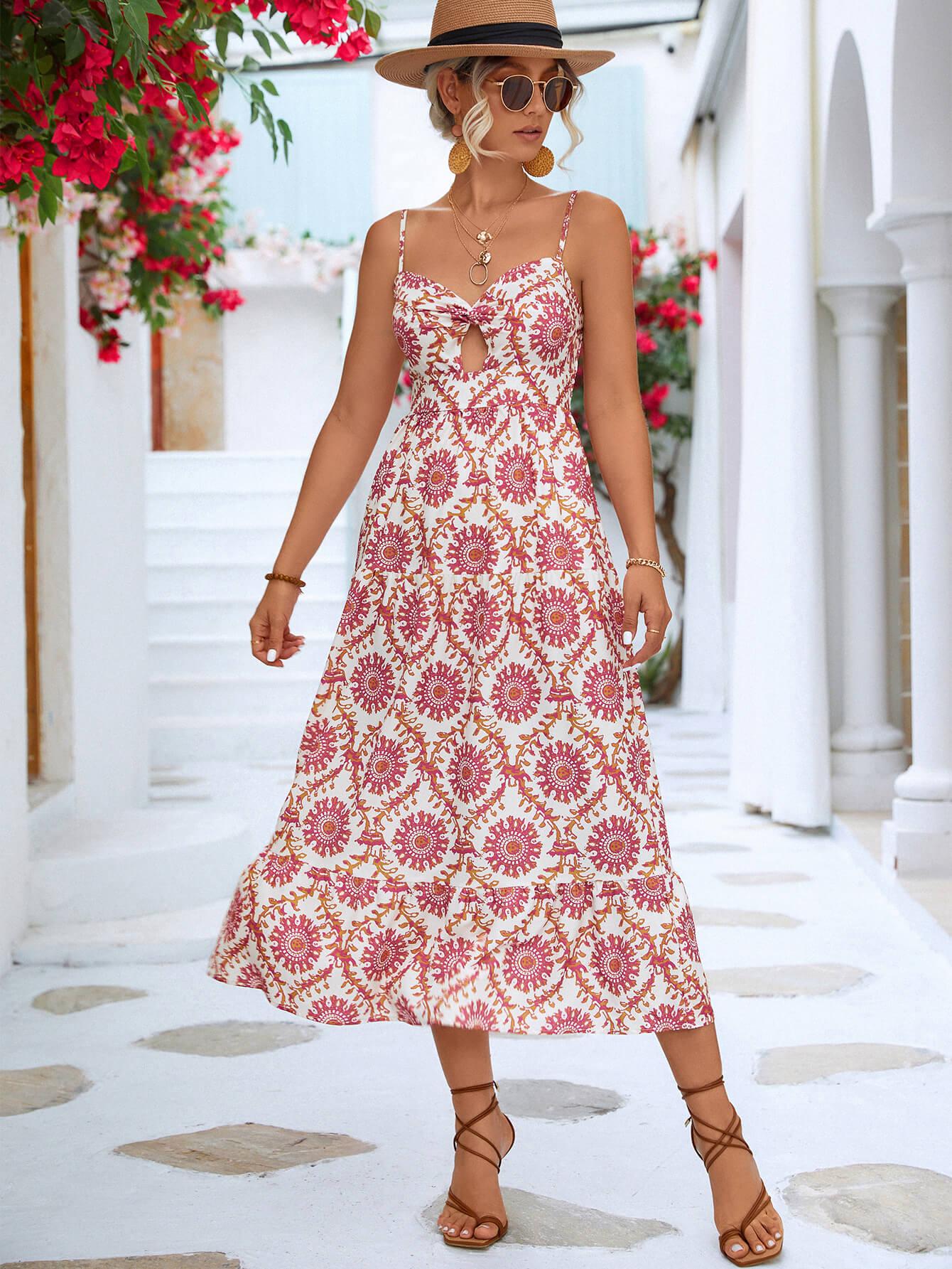 Printed Cutout Spaghetti Strap Midi Dress BLUE ZONE PLANET