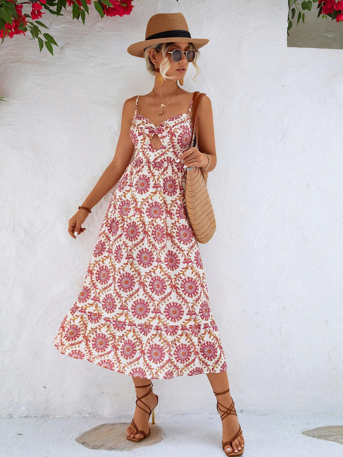 Printed Cutout Spaghetti Strap Midi Dress BLUE ZONE PLANET