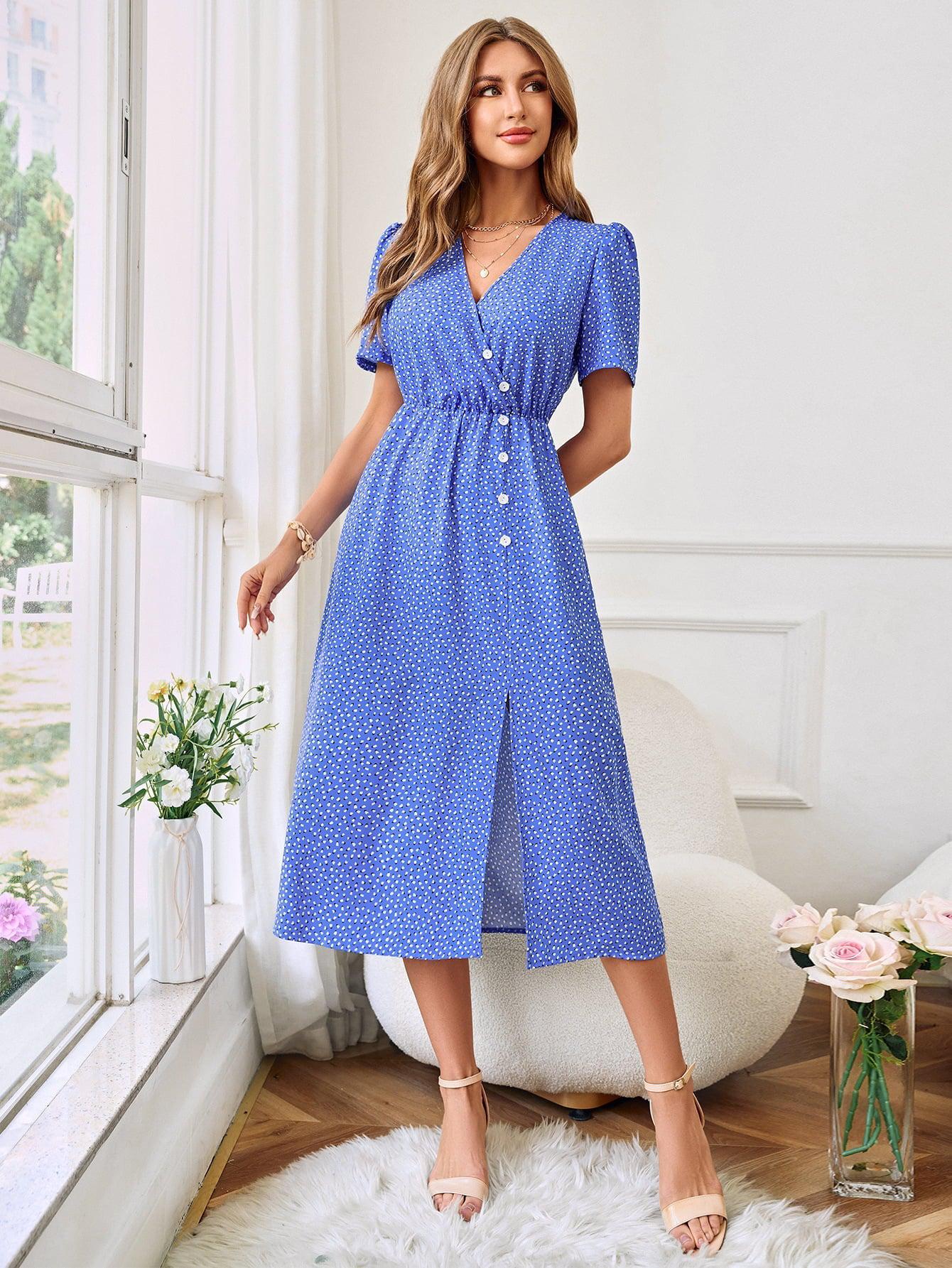 Printed Decorative Button Slit Dress BLUE ZONE PLANET