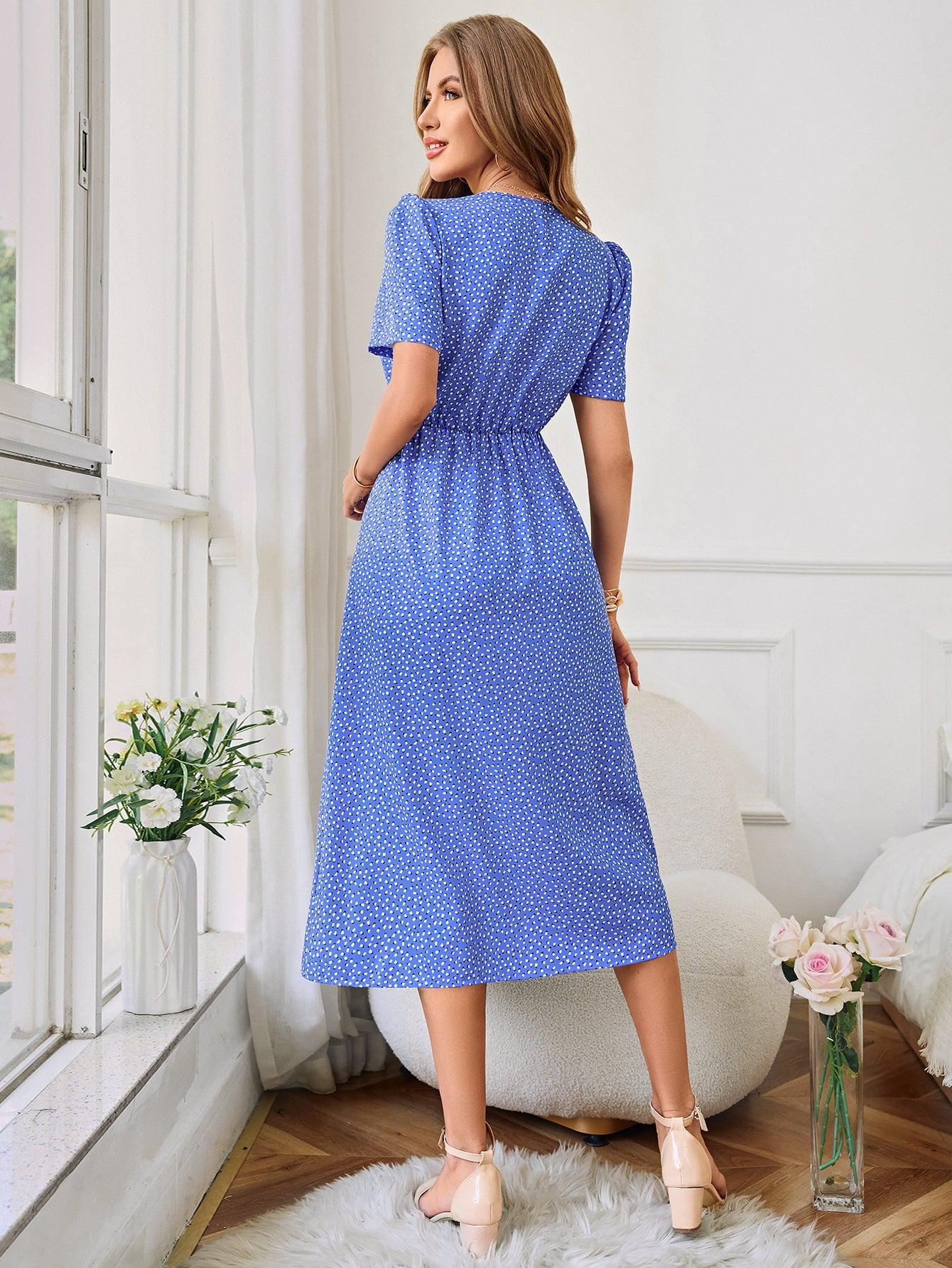 Printed Decorative Button Slit Dress BLUE ZONE PLANET