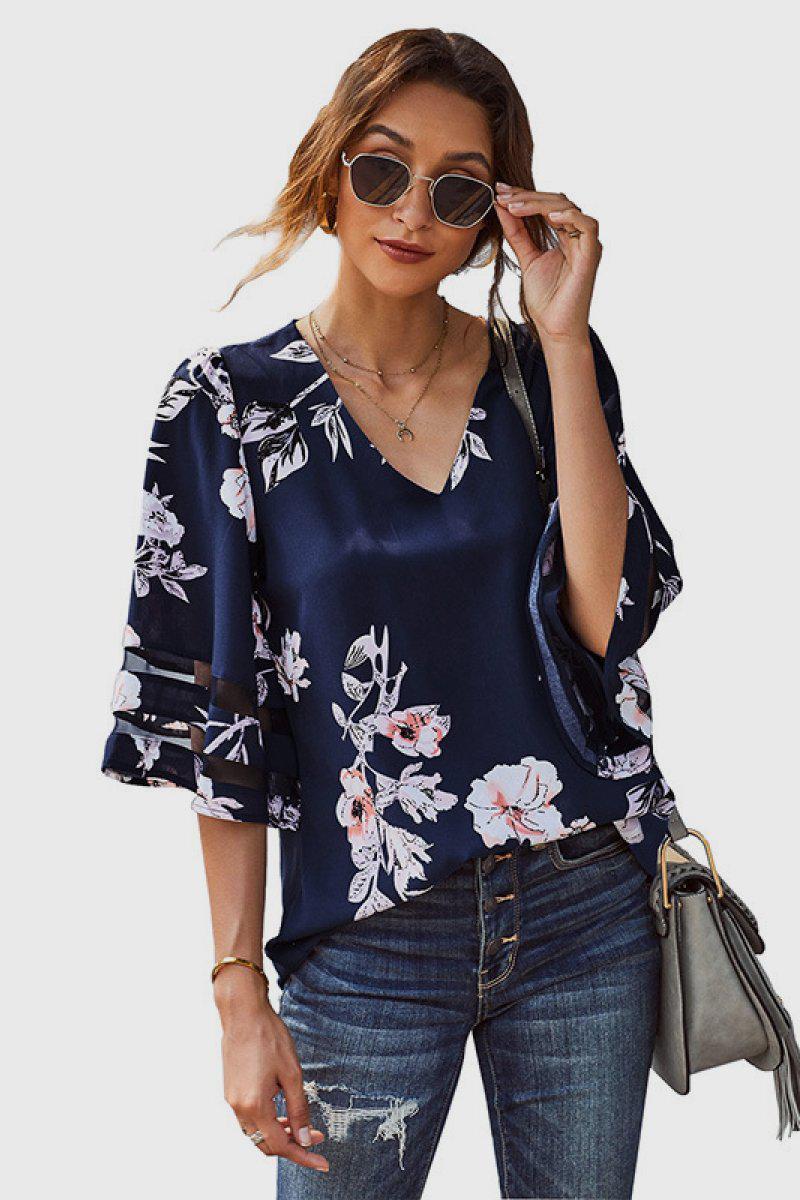 Printed Flare Sleeve Top BLUE ZONE PLANET