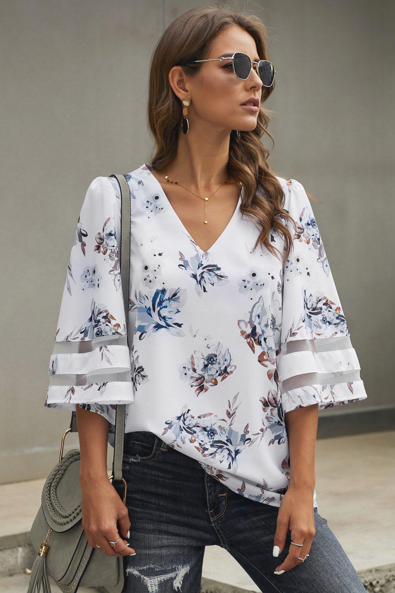 Printed Flare Sleeve Top BLUE ZONE PLANET
