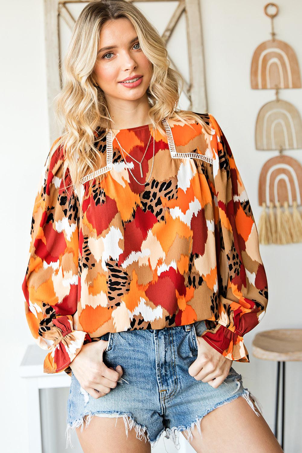 Printed Flounce Sleeve Buttoned Blouse-TOPS / DRESSES-[Adult]-[Female]-Brown-M-2022 Online Blue Zone Planet