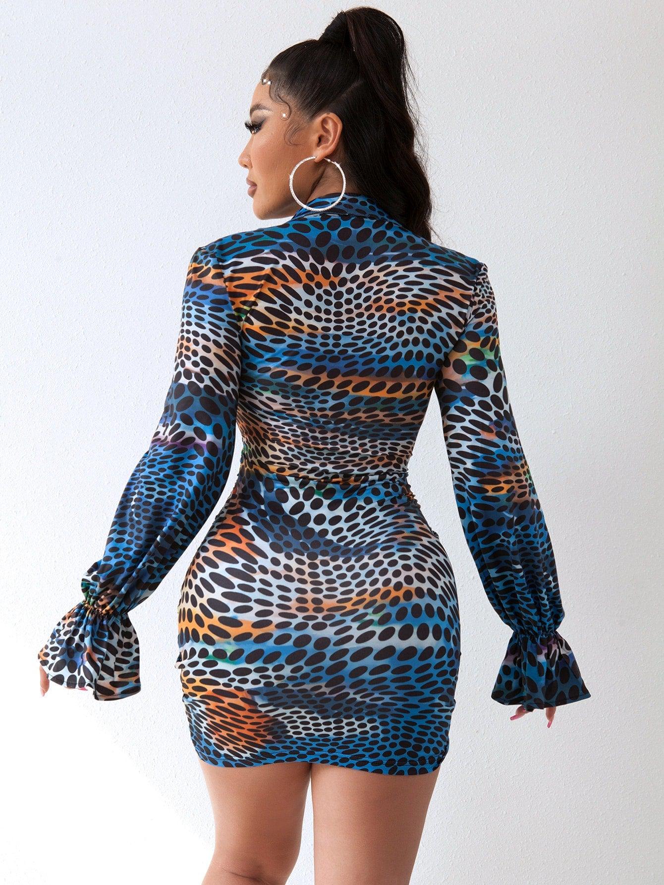 Printed Flounce Sleeve Drawstring Detail Bodycon Mini Dress BLUE ZONE PLANET