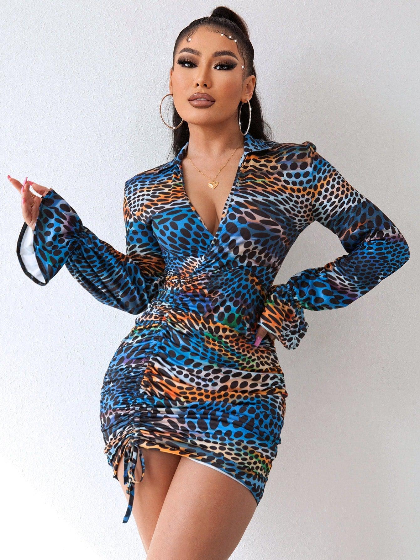 Printed Flounce Sleeve Drawstring Detail Bodycon Mini Dress BLUE ZONE PLANET