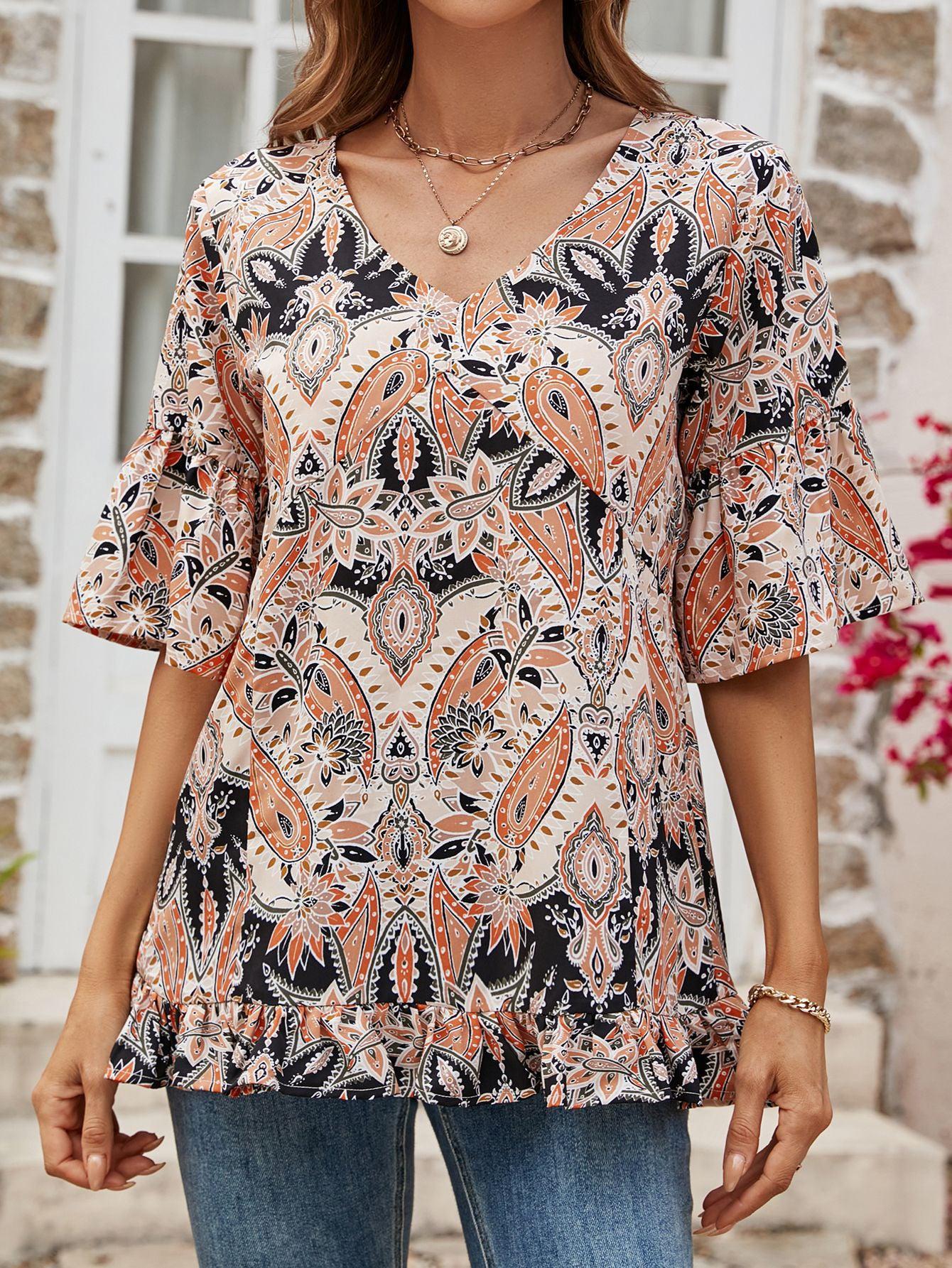 Printed Flounce Sleeve Ruffle Hem Blouse BLUE ZONE PLANET