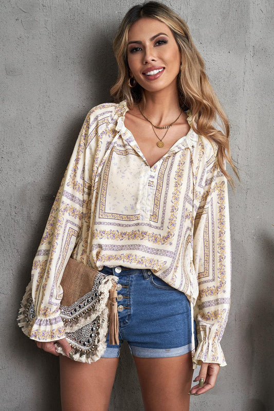 Printed Flounce Sleeve Ruffled Neck Blouse BLUE ZONE PLANET