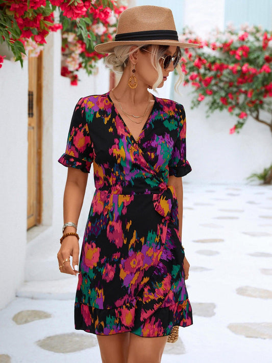 Printed Flounce Sleeve Tied Dress BLUE ZONE PLANET
