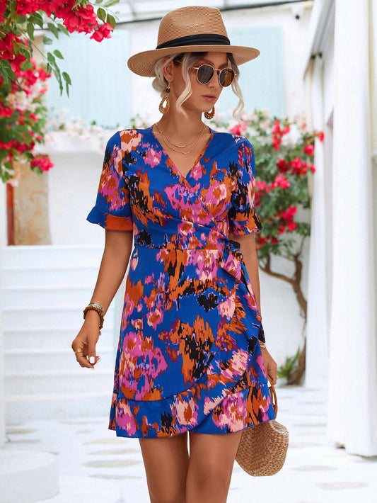 Printed Flounce Sleeve Tied Dress BLUE ZONE PLANET