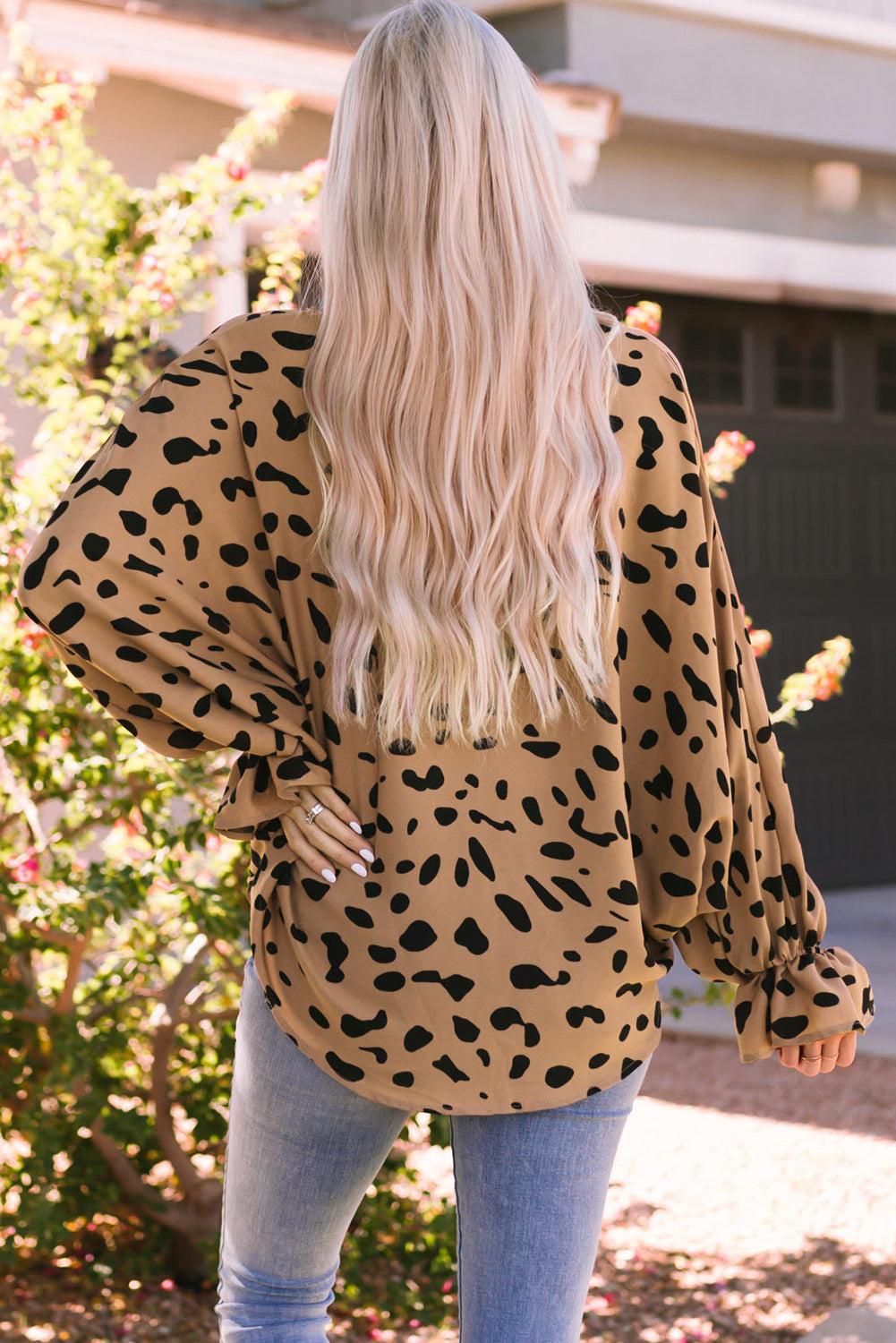 Printed Flounce Sleeve V-Neck Blouse-TOPS / DRESSES-[Adult]-[Female]-2022 Online Blue Zone Planet