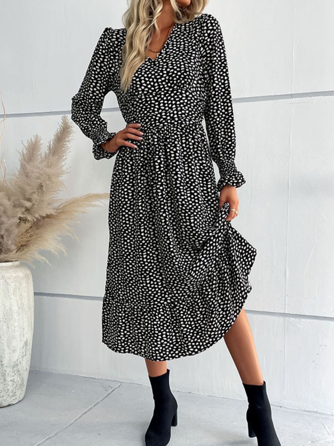 Printed Flounce Sleeve V-Neck Midi Dress BLUE ZONE PLANET