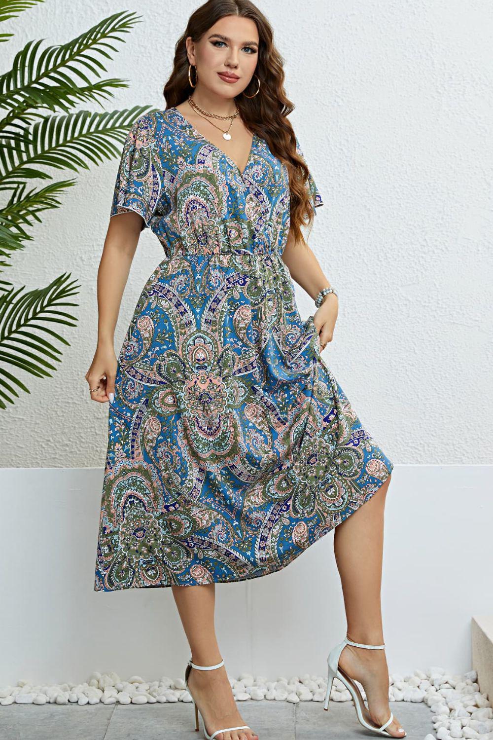 Printed Flutter Sleeve Midi Dress BLUE ZONE PLANET