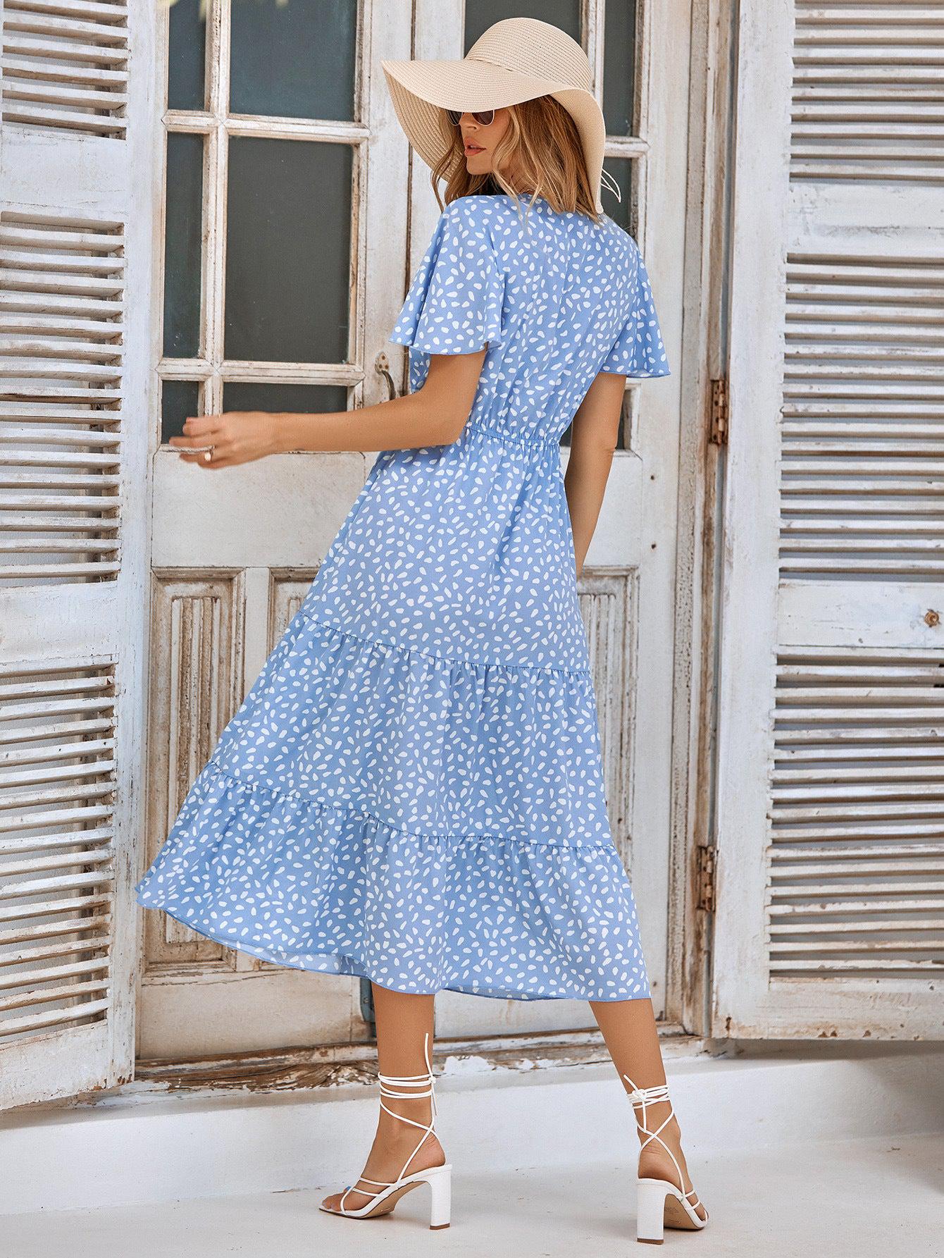 Printed Flutter Sleeve Tiered Dress BLUE ZONE PLANET