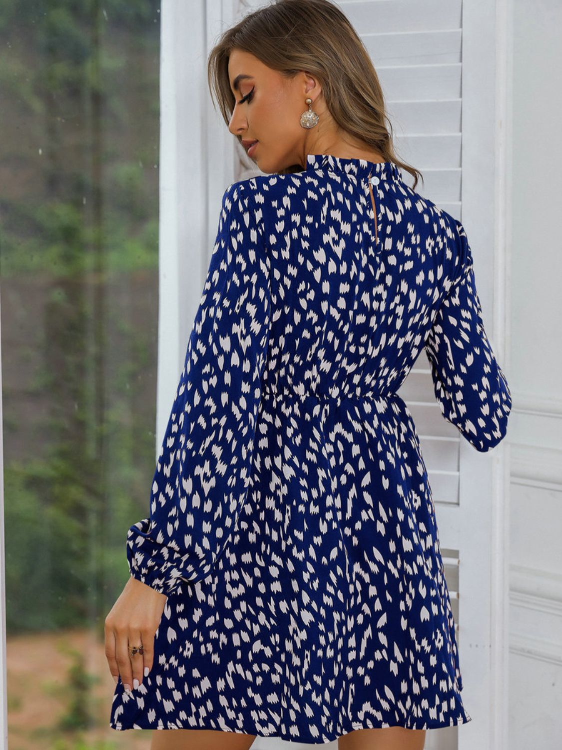 Printed Frill Neck Long Sleeve Dress BLUE ZONE PLANET