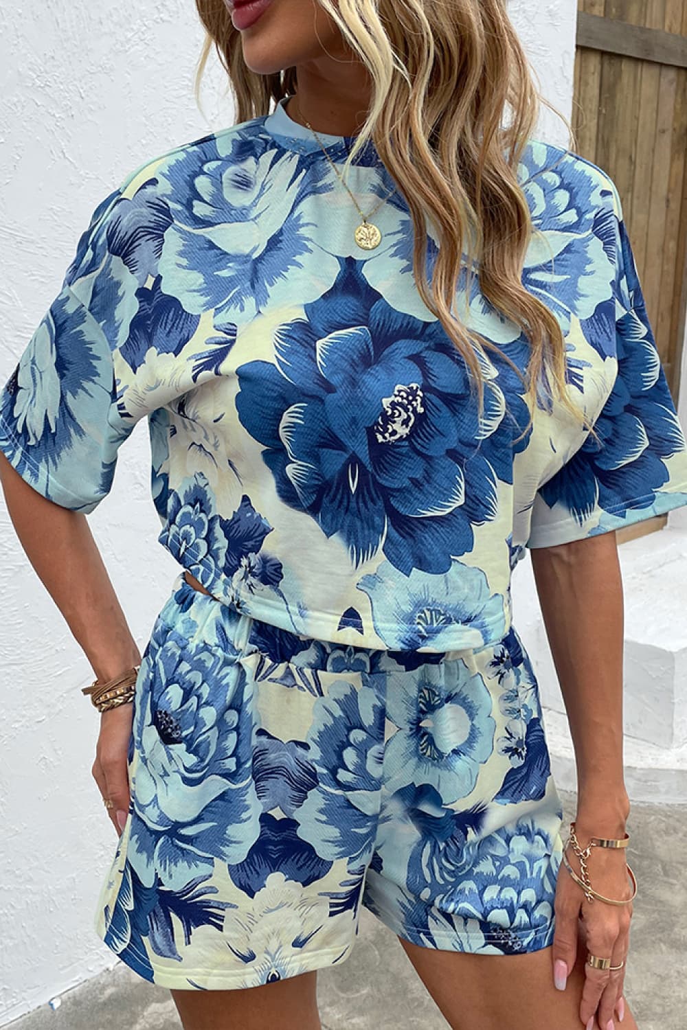 Printed Half Sleeve Top and Shorts Lounge Set BLUE ZONE PLANET