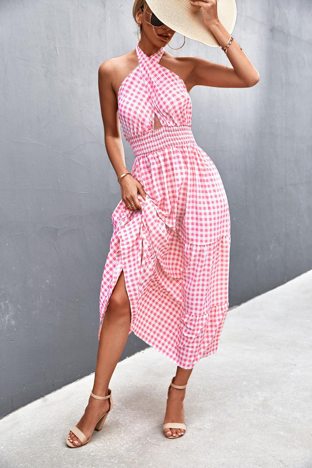 Pink tiered maxi shops dress