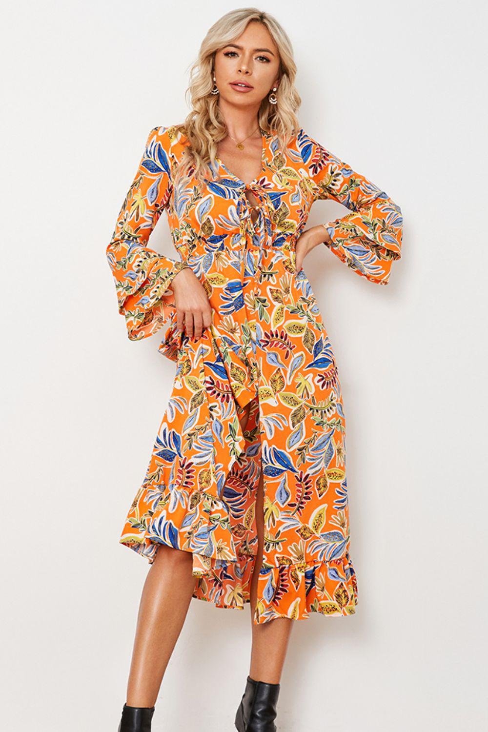 Printed Layered Flare Sleeve Split Tied Dress BLUE ZONE PLANET