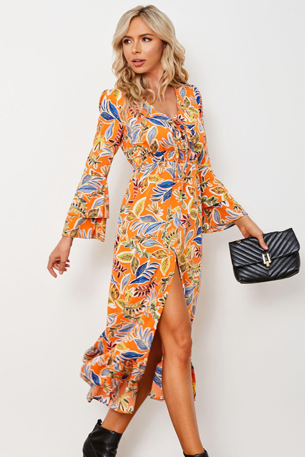 Printed Layered Flare Sleeve Split Tied Dress BLUE ZONE PLANET