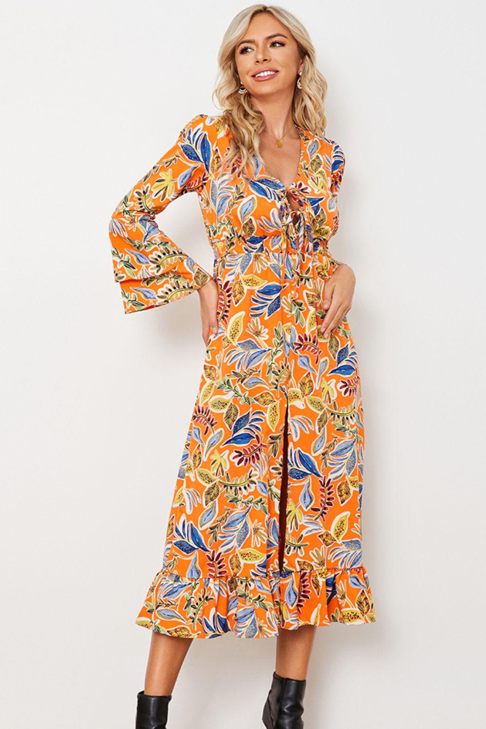 Printed Layered Flare Sleeve Split Tied Dress BLUE ZONE PLANET