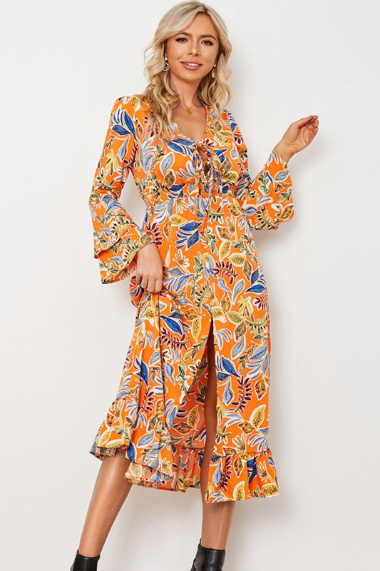 Printed Layered Flare Sleeve Split Tied Dress BLUE ZONE PLANET