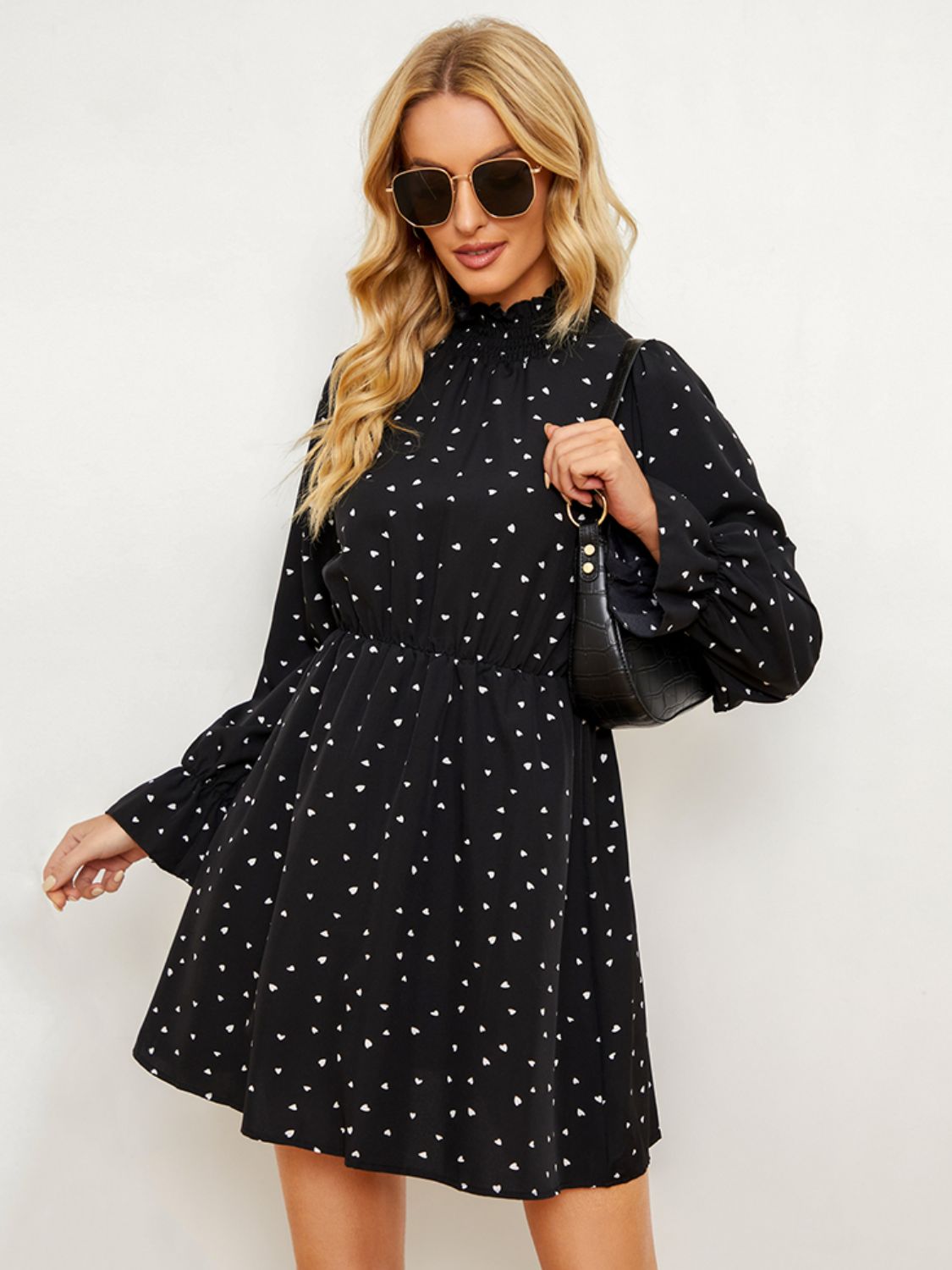 Printed  Long Flounce Sleeve Frill Neck Dress BLUE ZONE PLANET