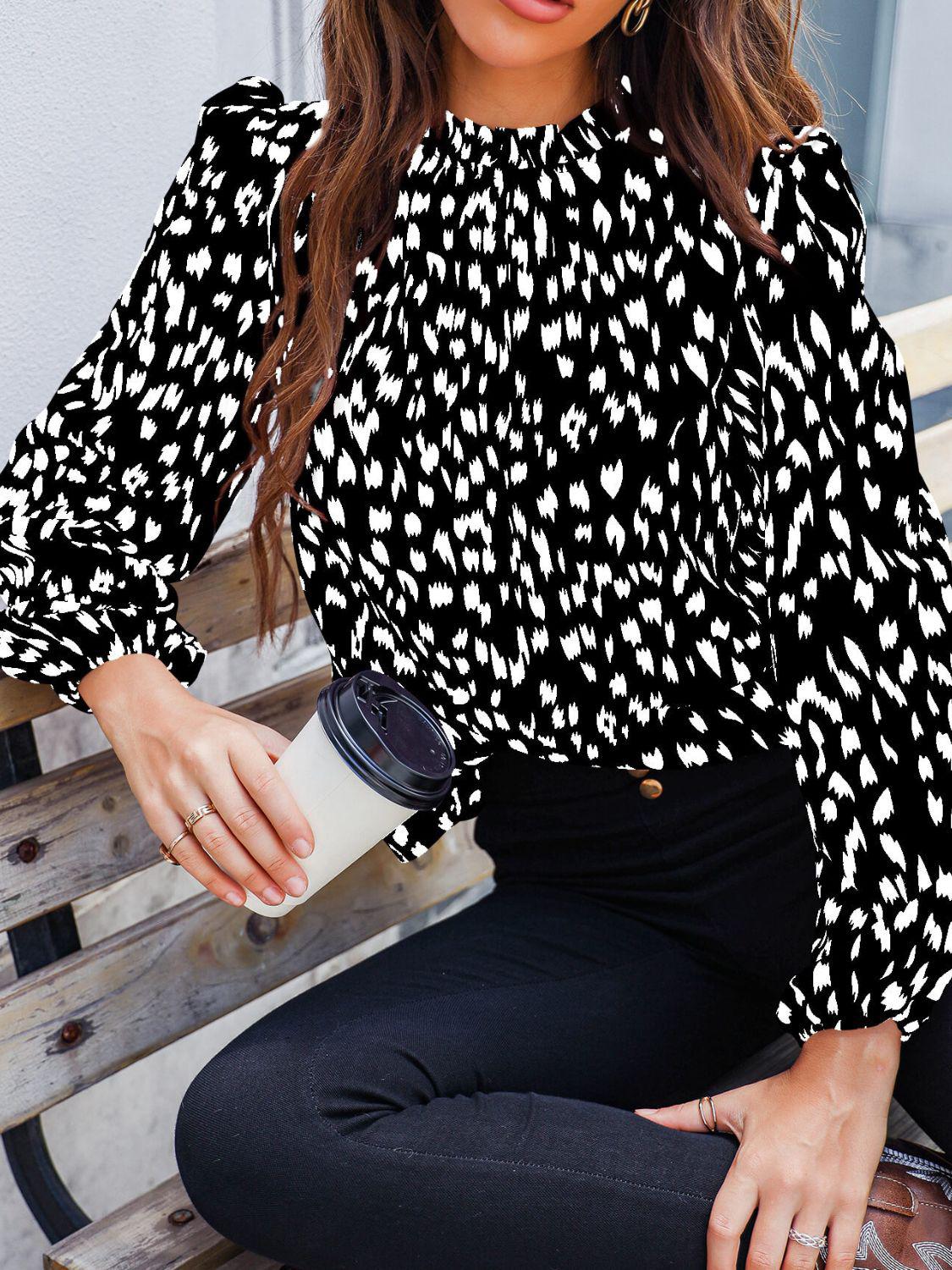 Printed Mock Neck Puff Sleeve Blouse-TOPS / DRESSES-[Adult]-[Female]-2022 Online Blue Zone Planet