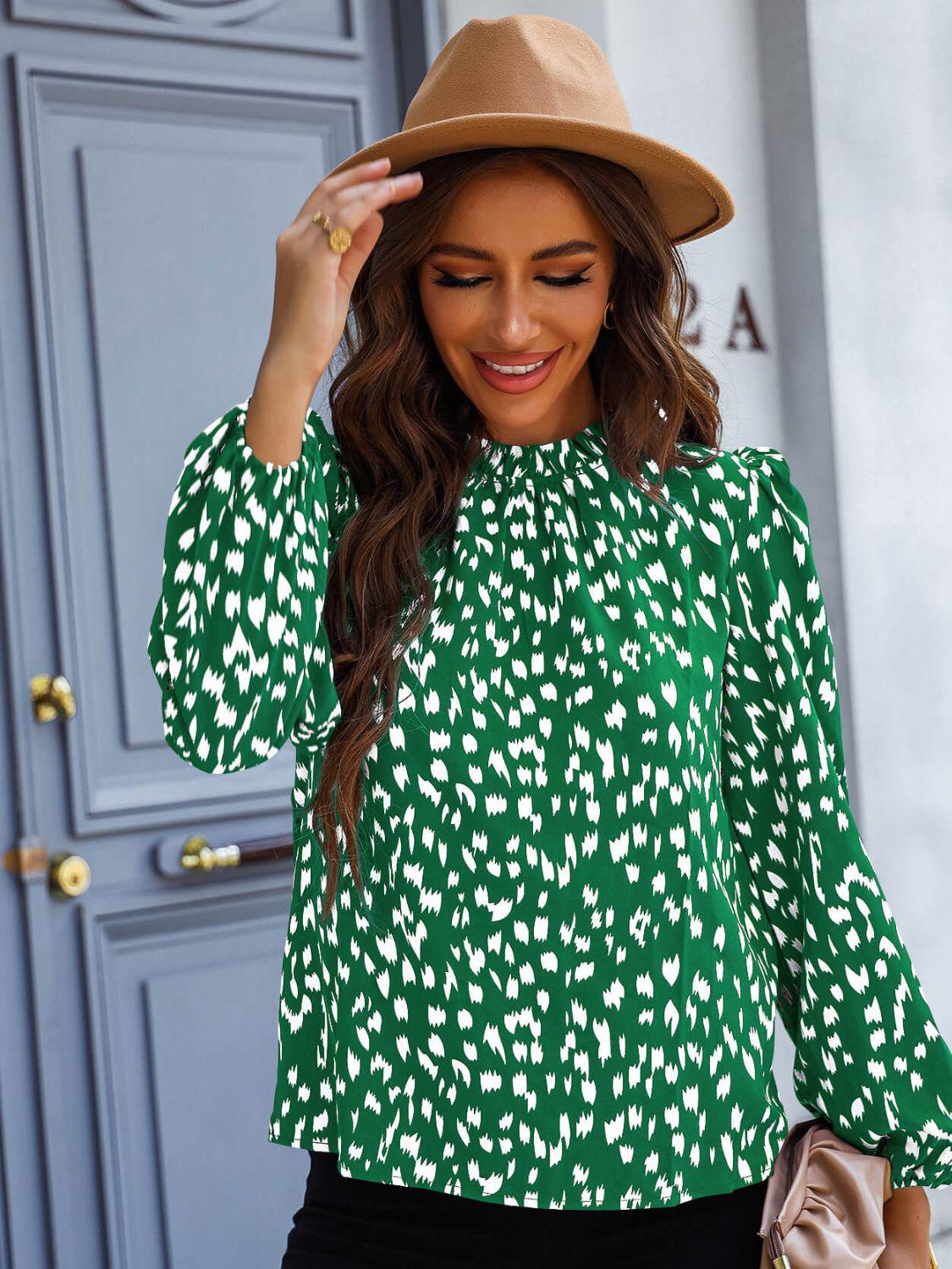 Printed Mock Neck Puff Sleeve Blouse-TOPS / DRESSES-[Adult]-[Female]-Green-XS-2022 Online Blue Zone Planet