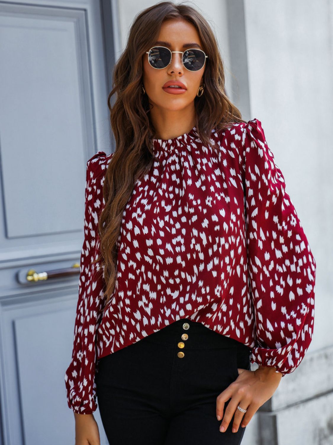 Printed Mock Neck Puff Sleeve Blouse-TOPS / DRESSES-[Adult]-[Female]-Red-XS-2022 Online Blue Zone Planet