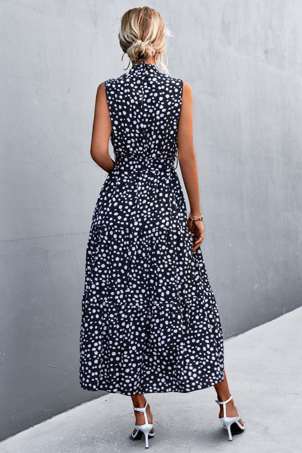 Printed Mock Neck Sleeveless Belted Tiered Midi Dress BLUE ZONE PLANET