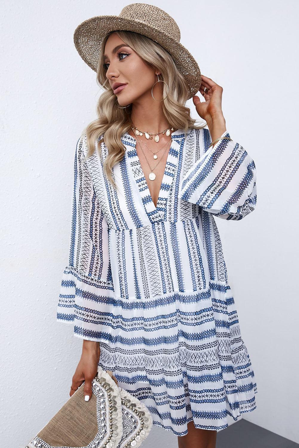 Printed Notched Neck Flare Sleeve Tiered Dress BLUE ZONE PLANET
