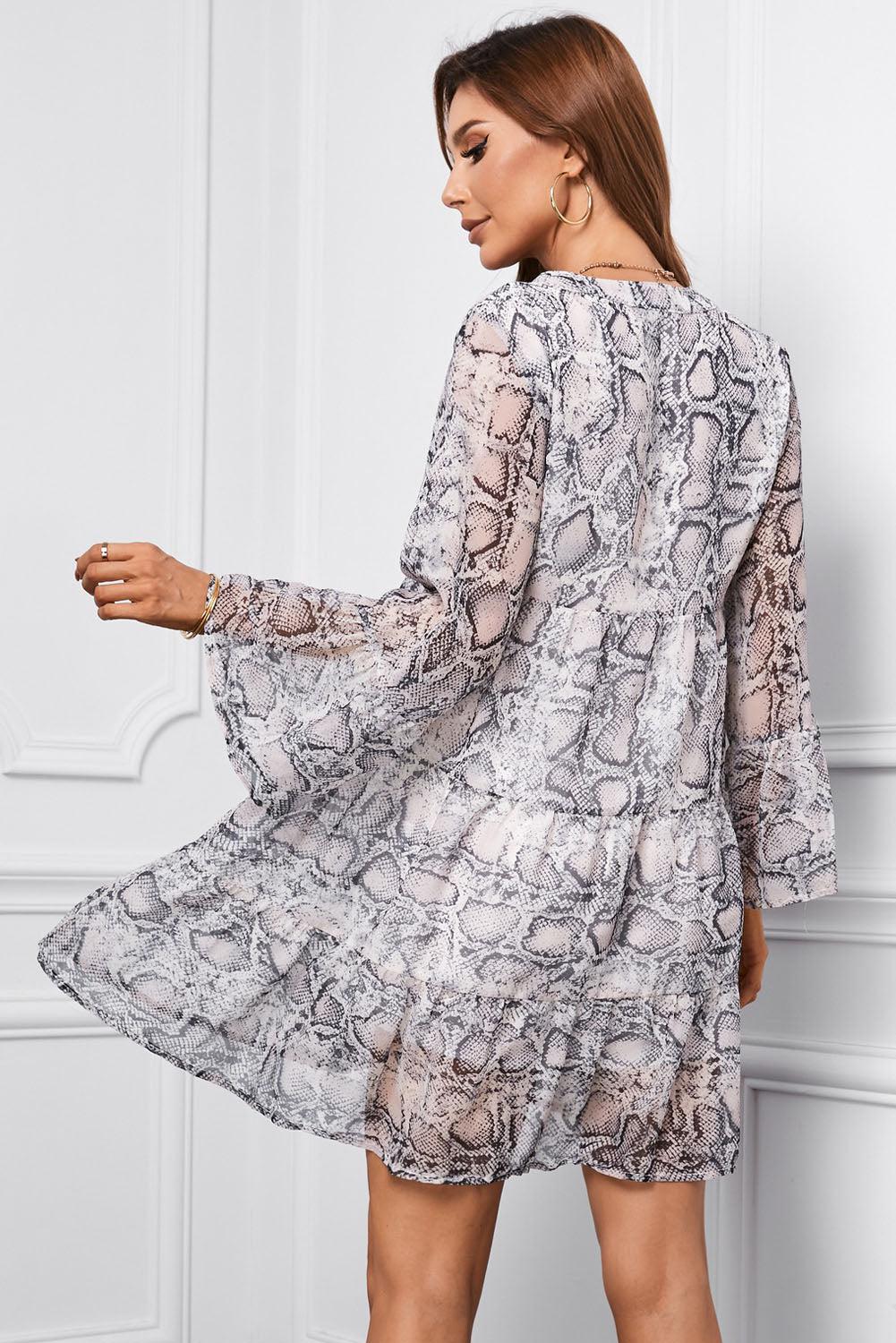 Printed Notched Neck Flare Sleeve Tiered Dress BLUE ZONE PLANET