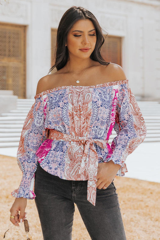 Printed Off-Shoulder Flounce Sleeve Belted Blouse BLUE ZONE PLANET