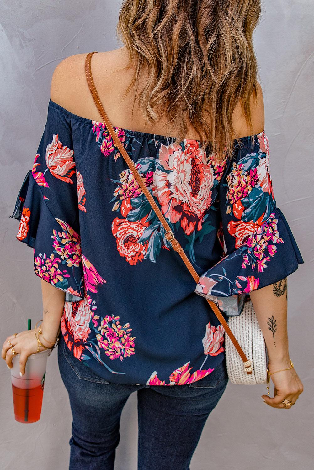Printed Off-Shoulder Flounce Sleeve Top BLUE ZONE PLANET