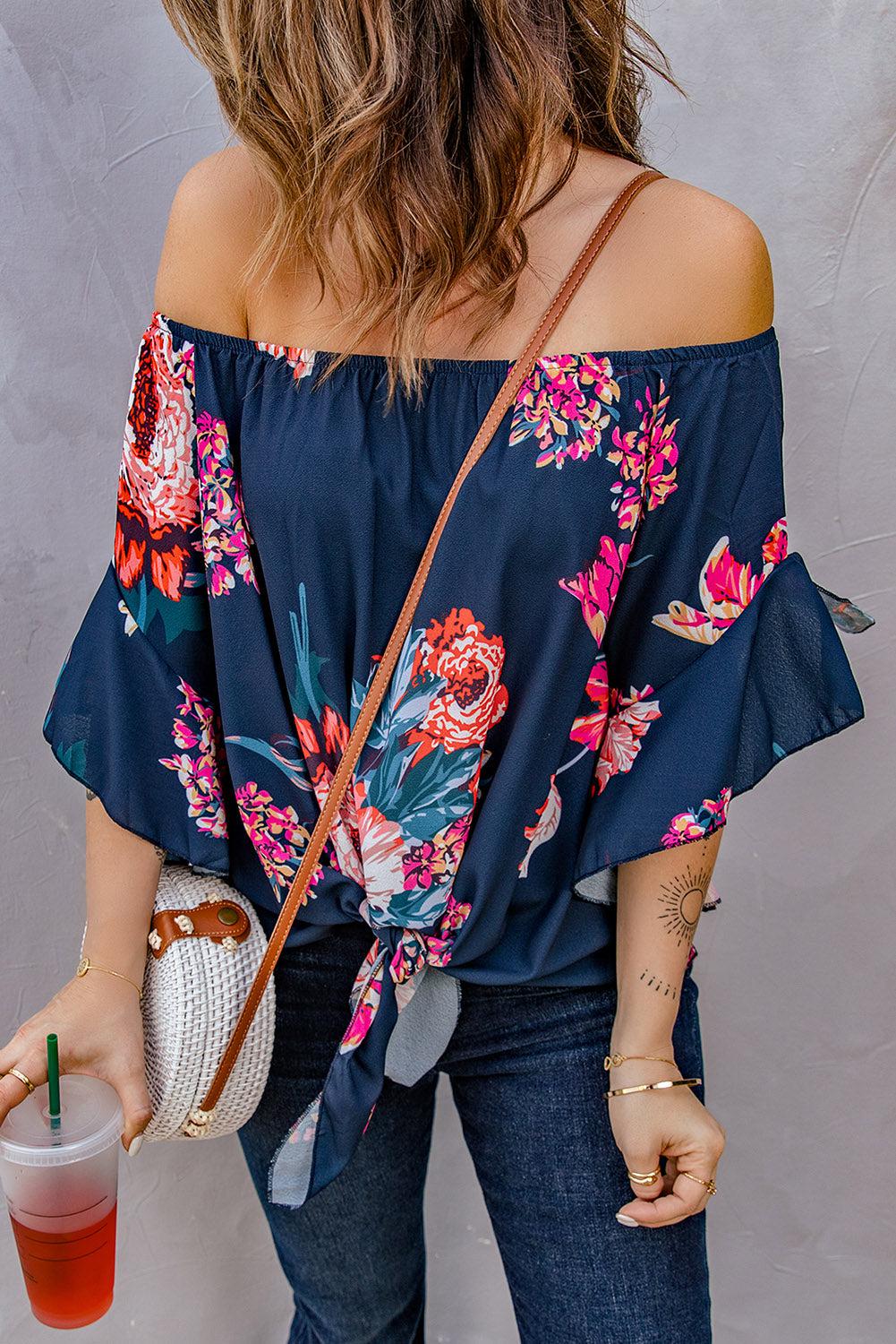 Printed Off-Shoulder Flounce Sleeve Top BLUE ZONE PLANET